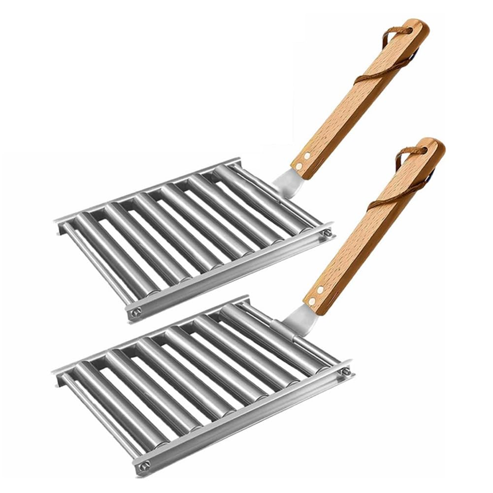 CTRLZS 2Pcs Hot Dog Roller for Grill Sausage Roller Rack with Wood Handle BBQ Hot Dog Griller for Evenly Cooked Hot Dogs