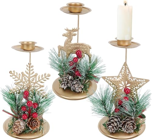 FALSKT 3PCS Hierro candelabro de Navidad Vintage Oro Dorado Metal Vela Titular Ornamento de Mesa para Navidad Decoraciones caseras Chimenea Fiesta Regalo