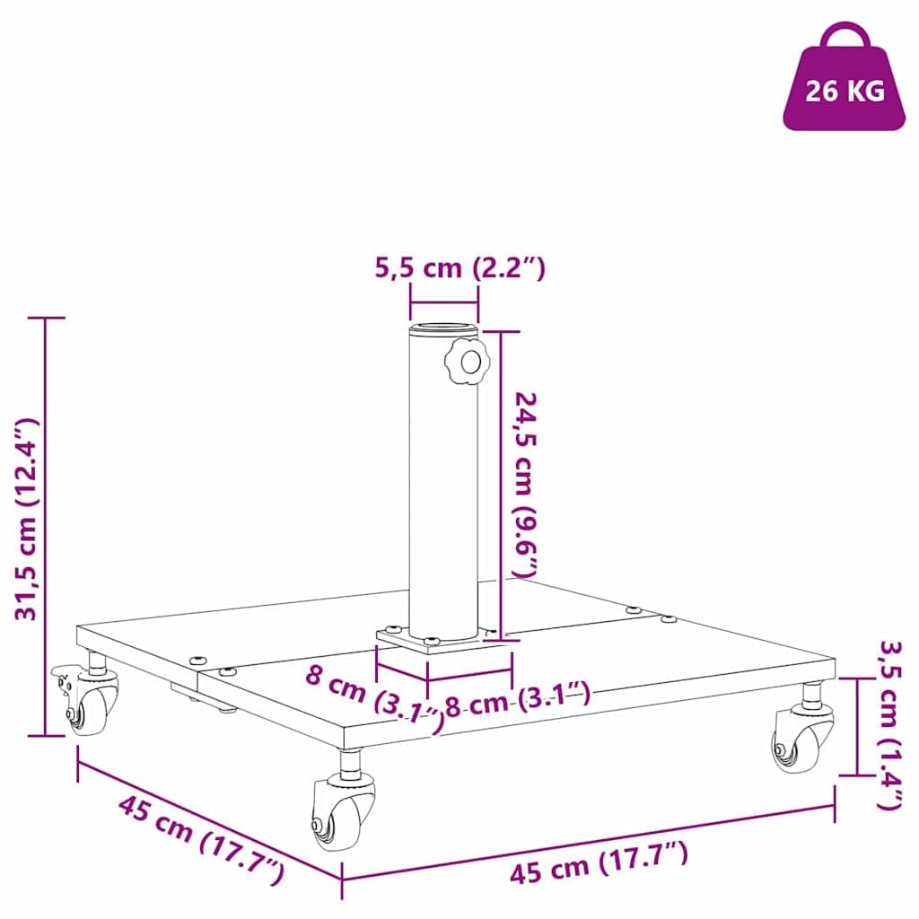 Supporto per ombrellone grigio scuro, effetto legno, in acciaio, 45 x 45 x 31,5 cm, con piedini regolabili, per balcone, terrazza, giardino, cortile, patio, stabile base per ombrellone con