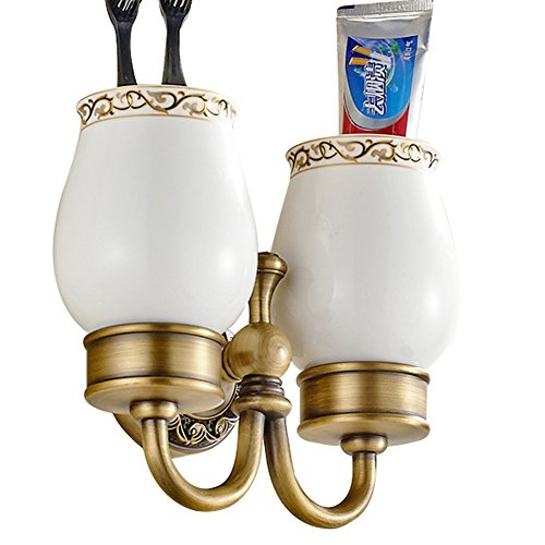 Case Wind doble soporte Cepillo de dientes con 2u00a0u0096u00a0Taza de cerámica, pared montar baño latón construcción Antiguo Finished Retro redondo suelo