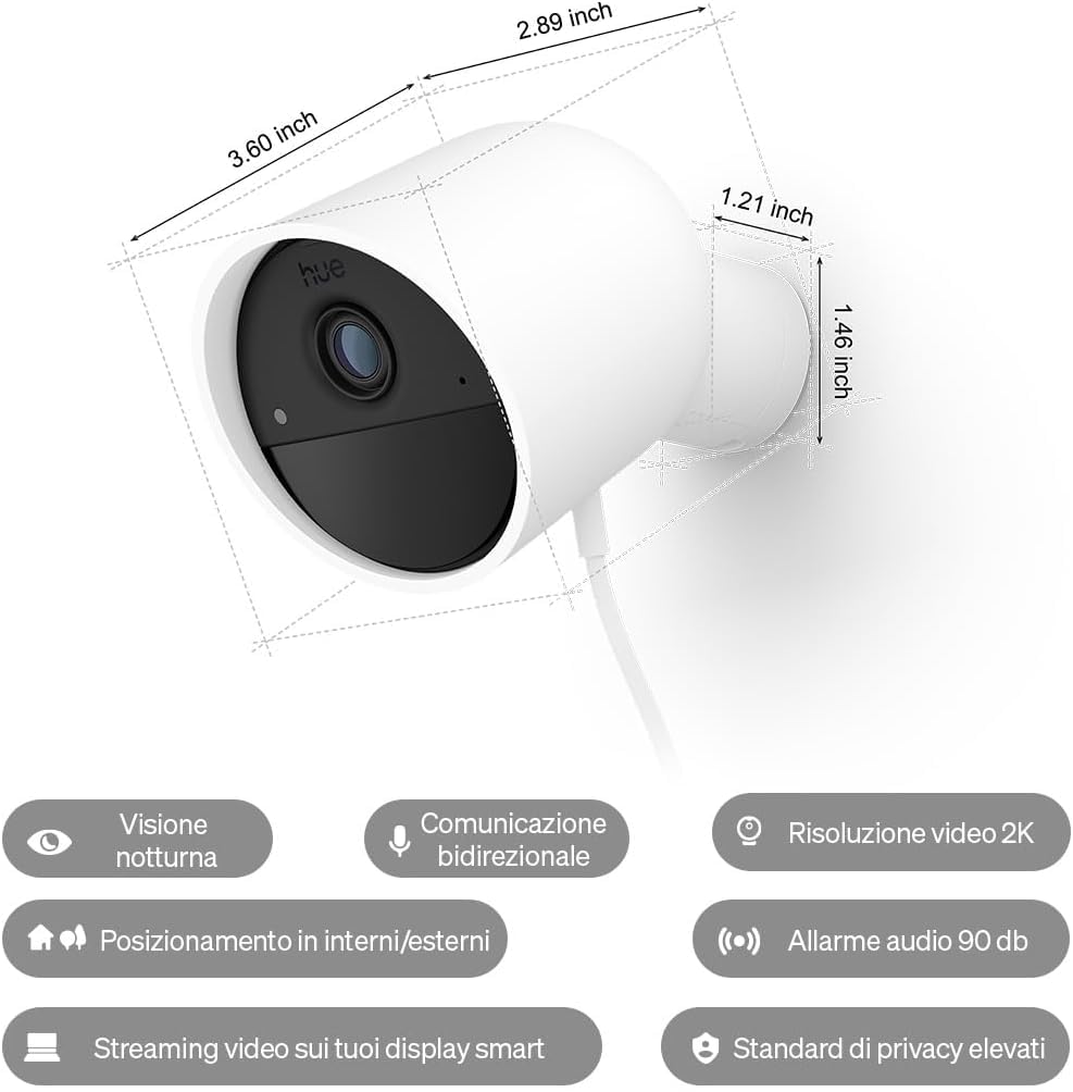 Philips Hue Secure, Videocamera di sorveglianza smart, Bianco | Video in 2K, Cablata, Notifiche in tempo reale, Per interni ed esterni, Smart Home, Visione notturna, Controllo da app Hue