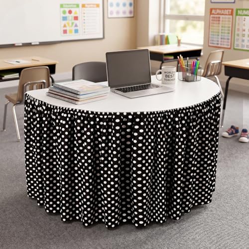Image of Oudain 9 ft Black and White Polka Dots Table Skirt Cloths for Teacher Desk Boho Wrinkle Polka Dots Table Cover Skirt for Kindergarten Classroom Kidney Shaped Desk Back to School Supplies