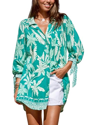 Image of CUPSHE Women Mini Summer Dress Cover Up Oversize Floral Shirt 3 /4 Sleeve Cuff Tie Button Down Beach Dresses Cover Up Top