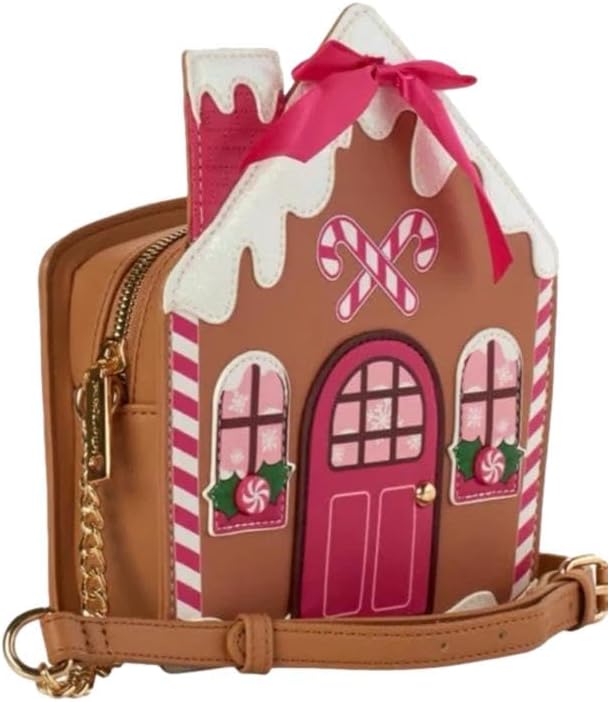 Betsey Johnson XO Holiday Kitsch Christmas Gingerbread House W/Sparkle Snow, Quilted Chimney, Candy Canes, 3D Mint Candies, Snowflakes and Pink Bow Detail Adjustable Strap Crossbody Handbag - Image 4