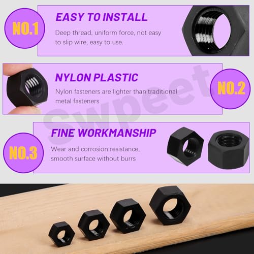 Swpeet S4389 164Pcs 10 Sizes M2 M2.5 M3 M4 M5 M6 M8 M10 M12 M14 Metric Black Nylon Hex Nuts Assorment Kit, Metric Thread Plastic Fastener Nuts Hexagon thumb #4