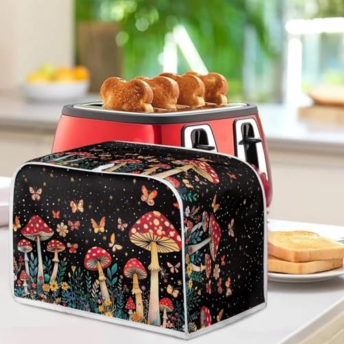 Image of Talayituse Mushroom Butterfly Flower Print 2 Slice Toaster Covers Dust Protection Bread Maker Covers Toaster Oven Cloth Cover Kitchen Accessories Washable Appliance Cover with Handle