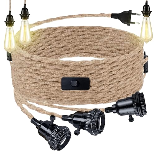 Kit lampada a sospensione in corda di canapa con 3 lampadine, portalampada a sospensione con spina, E27 cavo lampada vintage con interruttore, cavo lampada luce sospesa con 3 fiamme, per sala da