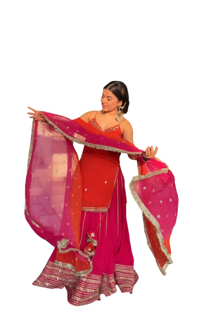 Georgette Lehenga Choli Set, Red and Pink, Foil Embroidered Top with Lace Border, Sequins Dupatta, Sizes XS-XXL (IN, Alpha, S, Regular)-picture-30
