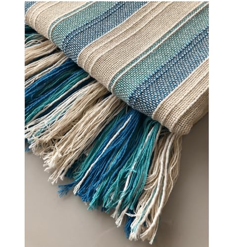 Kit 2 Mantas Para Sofá e Poltrona Azul De Faixa E Cru Chalé Decorativo De Luxo 100% Algodão 1,20X1,8