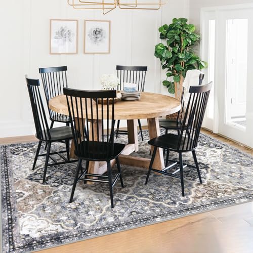 KILOCOCO 5x7 Area Rug, Vintage Floral Moroccan Super Soft Washable Living Room, Non-Slip Large Print Faux Wool Accent Throw Rug for Entryway Bedroom Office Carpet, Greenish Gray Beige