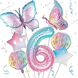 Butterfly Balloons - 6th Birthday Decorations for Girls, Gradient Pink Colorful Foil Balloons, Giant Number 6 Mylar Balloon, Butterfly Theme Party Supplies
