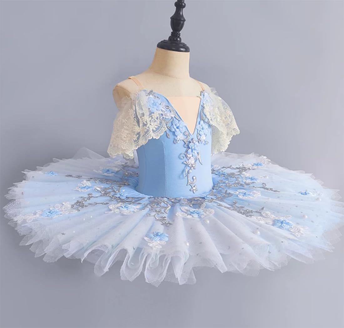 EFLALYHG Vestito da tutù da Balletto Professionale per Bambine con Fiori Piatto da Principessa, Pancake Lago dei cigni Ballerina Costume da Competizione di Danza da palcoscenico