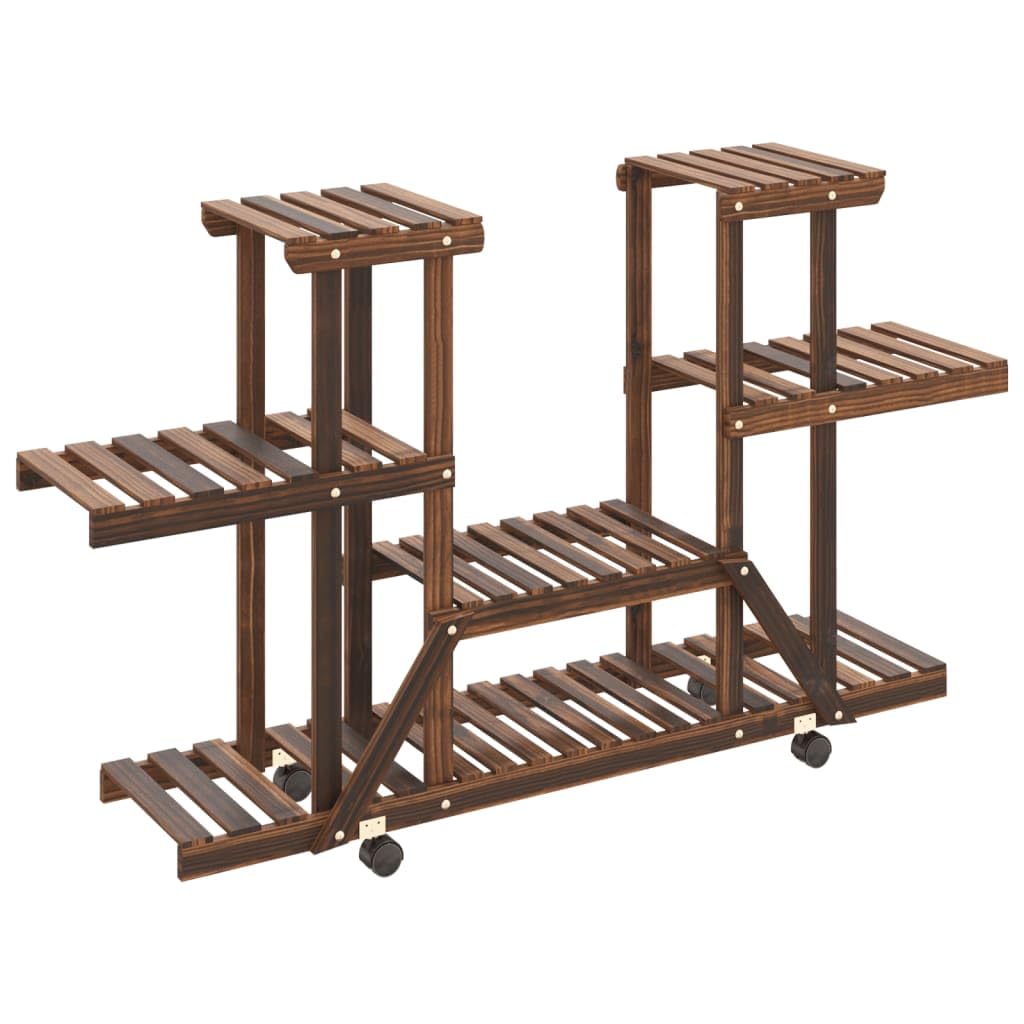 SYDE Supporto per fiori con ruote, in legno di abete, 110 x 25 x 78 cm | Carbonizzato artigianale, resistente all'umidità, ruote a 360 gradi, scaffale per piante e decorazione