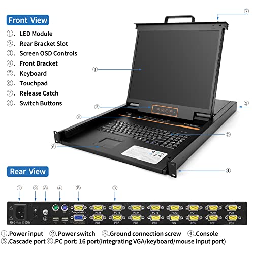 Image of 1U Rack Mount KVM Console Built-in 16 Port VGA KVM Switch, 19 inch Rackmount Monitor, Keyboard and Touchpad,OSD /Hotkey /Button Switching,1280X1024@60Hz, 5:4 Aspect Ratio,Incl. VGA KVM Cables, Fits 19 inch Rack