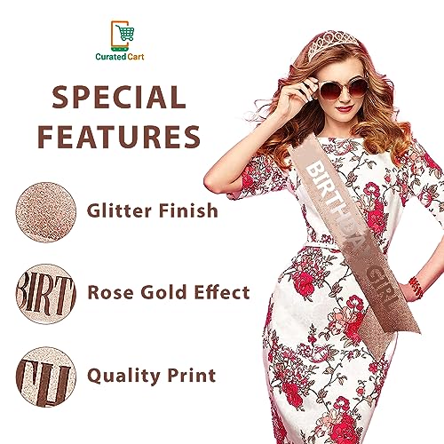 Image of Curated Cart Crystal Crown for Women and Girls - Elegant Rose Gold Glitter Birthday Girl Sash Set with Sparkling Tiara, Perfect for Birthday Parties, Bridal Showers, and Special Occasions