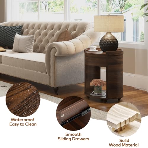 Image of Chogori Solid Wood End Table Set of 2 with Drawer & Storage Shelf - Walnut Round Accent Nightstand, Farmhouse Side Table for Small Spaces, Living Room, Easy Assembly