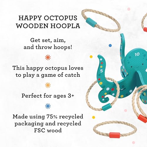 Image of Petit Collage: Happy Octopus Wooden Hoopla - Wooden Carnival Ring Toss Game with Rope Rings - Perfect for Indoor or Outdoor Play - Great Birthday Party Activity or Gift for Kids Ages 3+