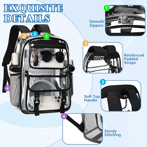 Large Clear Backpack For Women Men Girls 16 inch Laptop School Bookbag Heavy Duty PVC Transparent Backpacks for College Work Travel See Through Back Pack for Sport Events Stadium, Black4
