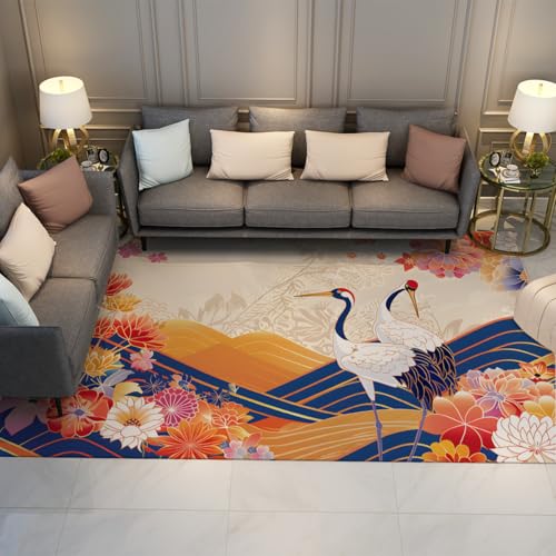 Tapis lavable 200x300 cm grand format floral grue vintage antidérapant