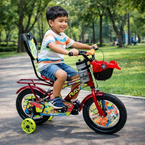 Image of Rayz 14 Inch Kids Bicycle for 2-5 Years Boys & Girls with Training Wheels, Car Basket, Backrest, Water Bottle, Tubeless Tyres & Steel Mudguard - Red