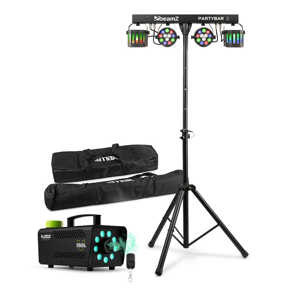 Beamz Black Max Partybar2 Dj Light Bar Disco Package With Stand, Dmx Control, Sound Activation, Fog Machine & Protective Case – Portable Partybar For Events, Djs & Performances