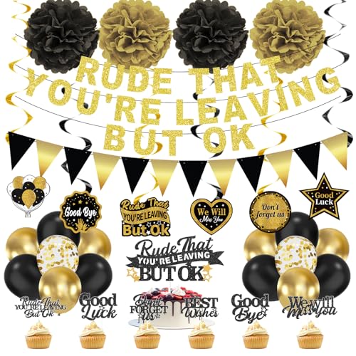 Rude That Youre Leaving But OK Farewell Party Decorations Set Black Gold Retirement Graduation Going Away Goodbye Party Supplies with Banner Balloon Cupcake Toppers Paper Pompoms for Farewell Event