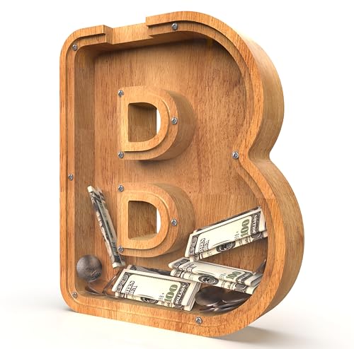 Image of Piggy Bank for Kids Boys Girls, Large Personalized Wooden Letter Piggy Bank with Cut-Out Design, Alphabet Letter Coin Banks, Money Savings Box, Wooden Bank for Kids Creative Gift for Real-Money(B)