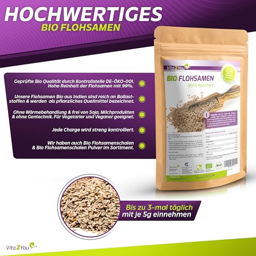 Vita2You BIO Flohsamen 99% Reinheit - 1000g Zippbeutel - Höchste Reinheit - 1kg indische Flohsamen - Premium Qualität