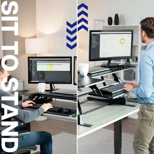 Image of VIVO 54 inch Manual Height Adjustable Large Standing Desk Converter, Quick Sit-Stand Desk Riser, Tabletop Pneumatic Assist Height Adjust 6.5 to 17 inch, Black, DESK-V054V