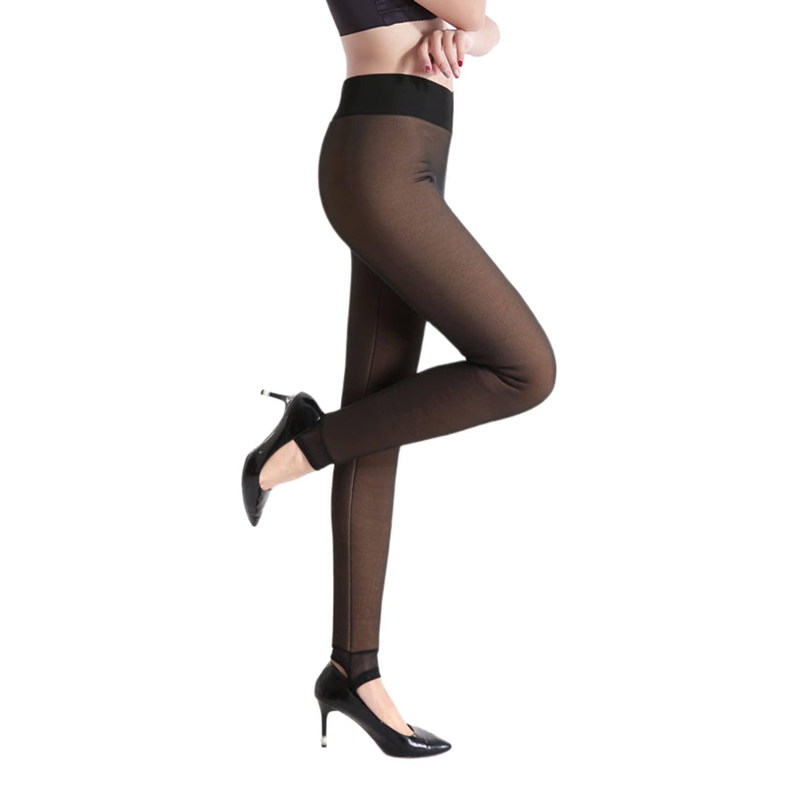 Sske Women's Black Step Foot Sheer Fake Translucent Warm Fleece Pantyhose Stocking Tights Outdoor, Winter - 300G