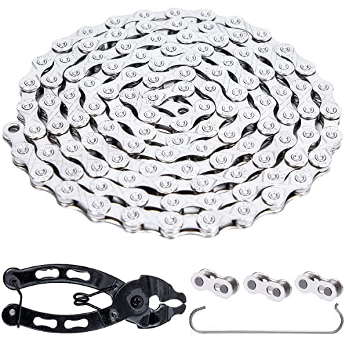 YBEKI 6/7/8/9/10/11 Speed Carbon Steel Bike Chain with Full Silver Plating, 116 Links, 3 Extra Master Links &amp; Chain Tool - Compatible with Shimano/SRAM Mountain, Road (11 Speed, Silver, 1)