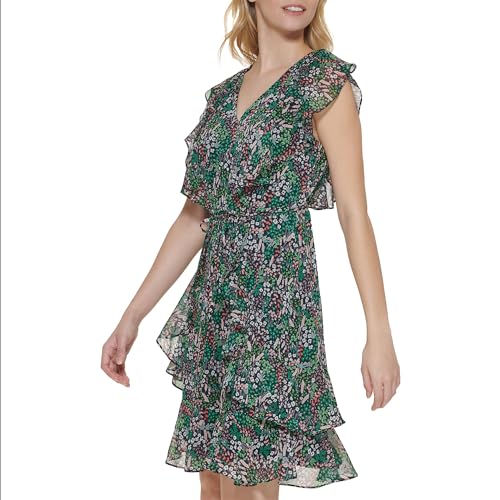 Image of Tommy Hilfiger Women's Sleeveless V-Neck Ruffle Trim Tie Waist Chiffon Mini Dress