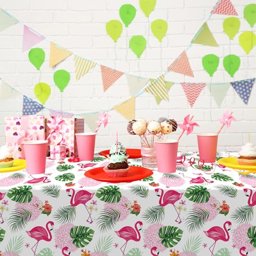 Image of 6 Pack Summer Flamingo Tablecloth Party Decorations, Hawaiian Tropical Plastic Table Cloth, Disposable Luau Table Cover for Summer Flamingo Picnic Birthday Party Supplies Decorations, 54 inch x 108 inch