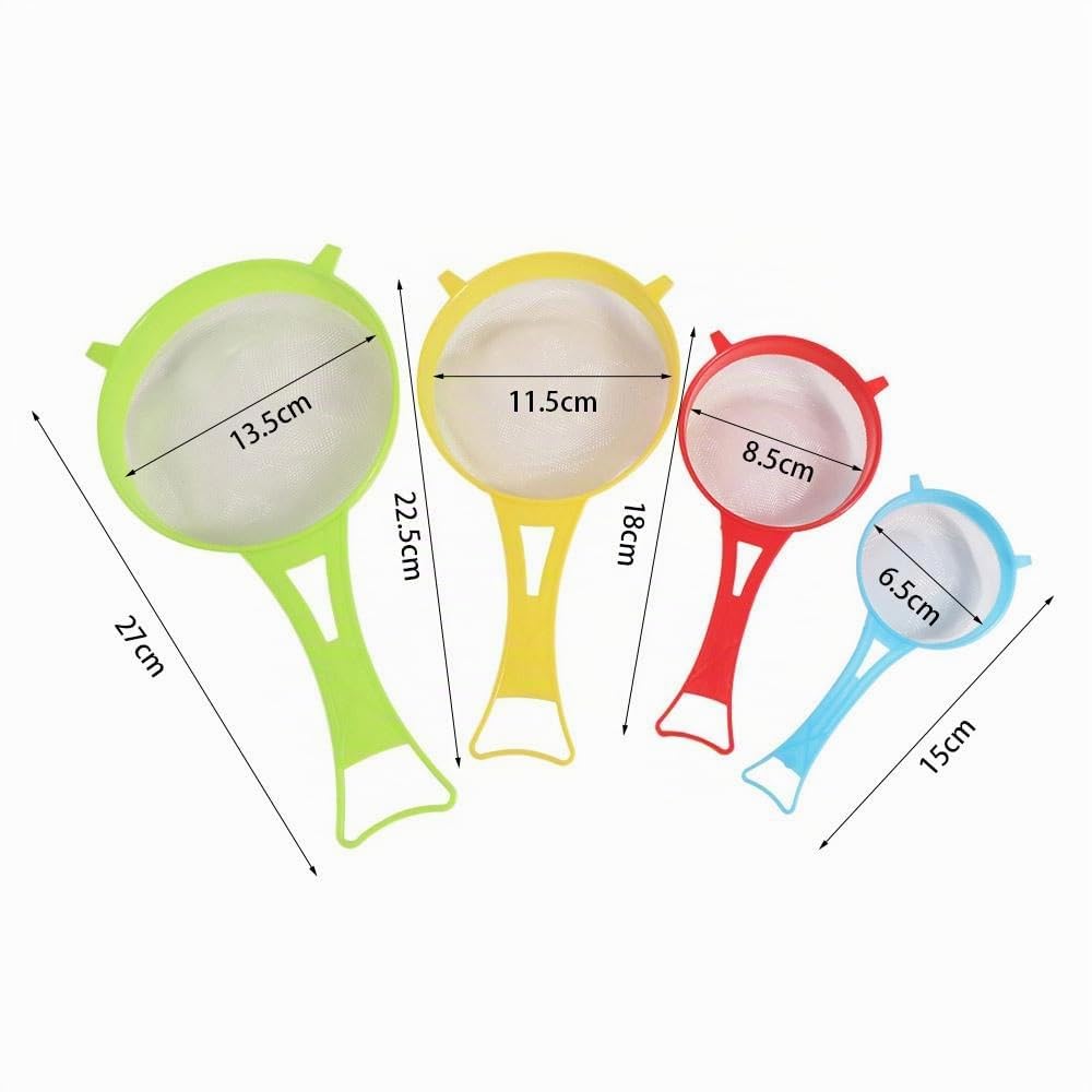 Set di 4 colini a rete fine per alimenti, latte di soia, farina, setaccio in plastica con manico lungo, multiuso per yogurt, tè, succo, zucchero, utensili da cucina