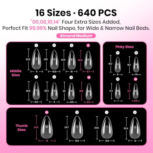 Image of Beetles Gel Nail Tips Almond Shape Medium Curve-EX, 640pcs 16 Sizes, Etch-X Half Matte Full Cover Soft Acrylic False Nail Tips Easy DIY Press on Nail Extension Art Salon for Curved & Natural Nail Beds