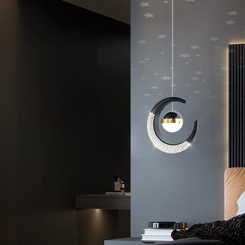 Mengjay Suspension Luminaire Lune et Étoiles Nordique Créativité LED Lustre Plafonnier 10W Lampe à Suspension avec Projection d'étoile Moderne pour Enfants Chambre (Noir, Blanc Chaud)