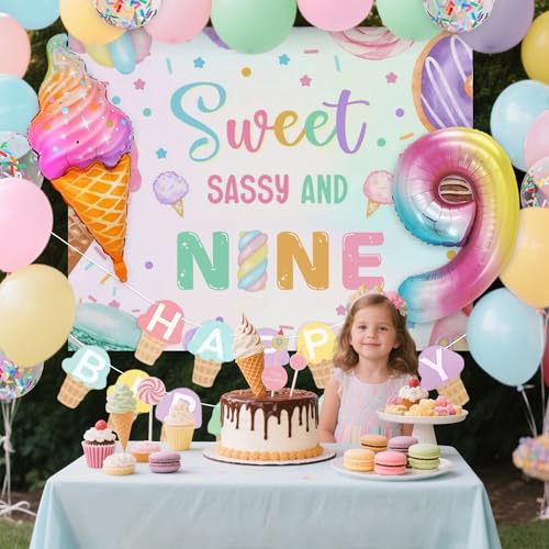 Image of Sweet Sassy and Nine 9th Birthday Decorations for Girls Ice Cream Balloons | 9 Year Old Girl Birthday Decorations Sweet Sassy and 9 Backdrop Ice Cream Banner 9th Birthday Balloon Party Supplies