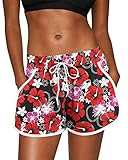For G and PL Womens Sports Causal Beach Shorts Printed Elastic Waistband Summer Boardshort Drawstring Red Floral M
