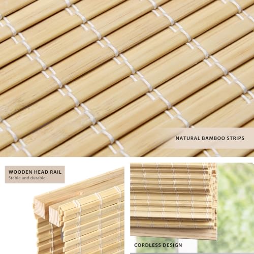 LazBlinds No Tools No Drill Cordless Bamboo Roman Shades, Privacy Room Darkening Window Treatment, Roll Up Bamboo Blinds for Window 26'' W x 64'' H, DP-Natural by LazBlinds - Used condition - US$51.01