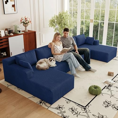 Image of 160 inch W Modular Sectional Sofa,Modern U-Shaped Cloud Couch with Deep Seat,Comfy Corduroy Sofa for Living Room,No Assembly (Blue)