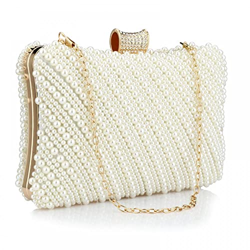 Tmore Women Pearl Clutch Purse Beaded Bride Evening Handbag for Wedding Prom with Chain, White, One Size