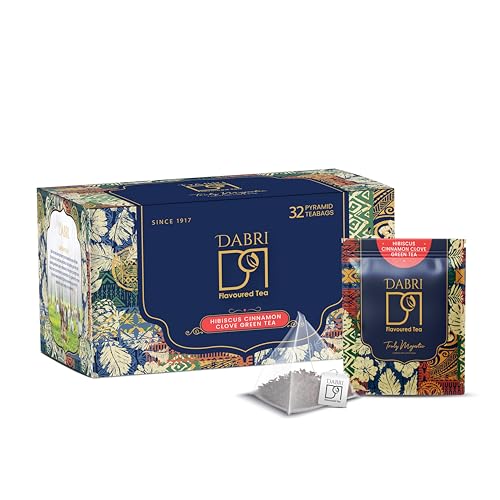 Image of Dabri Hibiscus Green Tea 32 Pyramid Dip Tea Bags with Premium Loose Leaf Blend with Cinnamon, Clove & Green Tea |Pure Natural Hibiscus tea leaves & Spices |Supports Weight Management, Hair Regrowth