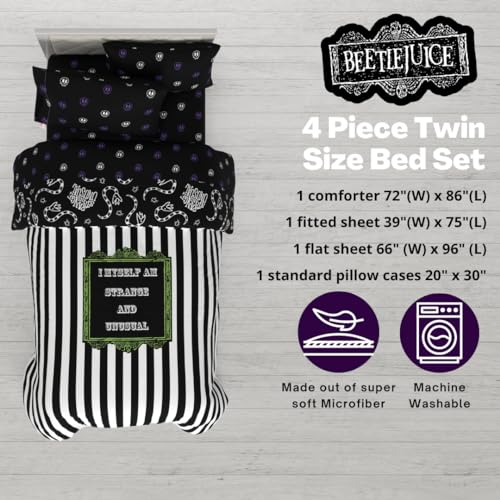 Image of Franco Collectibles Beetlejuice Halloween Striped Bedding 4 Piece Super Soft Comforter and Sheet Set, Twin, (Officially Licensed Product)