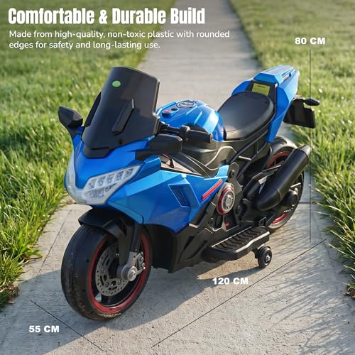 Image of Baybee BoltX Electric Bike for Kids 3+ Years | Baby Rechargeable Battery Bike with Training Wheels, Hand Accelerator, Foot Brake, Led Lights & Music | Battery Operated Bike for Kids to Drive (Blue)