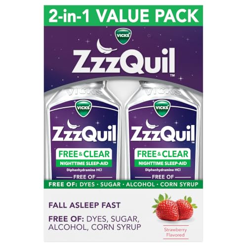 ZzzQuil Liquid Sleep Aid Diphenhydramine 50mg HCI Free & Clear Free of Alcohol and Artificial Dyes Nighttime Sleep Aid Liquid Non-Habit Forming Strawberry Flavored 2 Pack 24 FL OZ