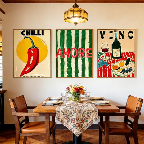 Lot de 3 Affiches Murale Cuisine Tableau Coloré Amour Piment Style Rétro Italien Impression sur Toile sans Cadre 30x40cm Poster Art Mural Décoration Moderne...