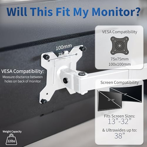 Image of VIVO Single Monitor Arm Desk Mount, Holds Screens up to 32 inch Regular and 38 inch Ultrawide, Fully Adjustable Stand with C-Clamp and Grommet Base, VESA 75x75mm or 100x100mm, White, STAND-V001W
