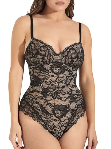 Pinsy Shapewear Shaping Lace Bodysuit with Tummy Control, Compression, Built-in Bra