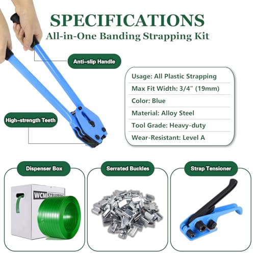 Image of Banding Strapping Kit, Pallet Strapping Kit, Packaging Banding Tool with 5 /8 inch Width, 1000' Length Polyester Strapping Coil Roll and Dispenser Box - Heavy Duty Certified 1200 lbs Break