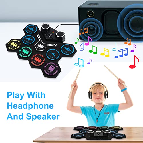 Image of Electronic Drum Set,Marrilley 9 Drum Pad With Headphone Jack,Bigger Roll-up Drum Pad, Built-in Dual Stereo Speakers, Drum Sticks, Foot Pedals 10 Hours Playtime,Ideal Christmas Holiday Gift for Kids